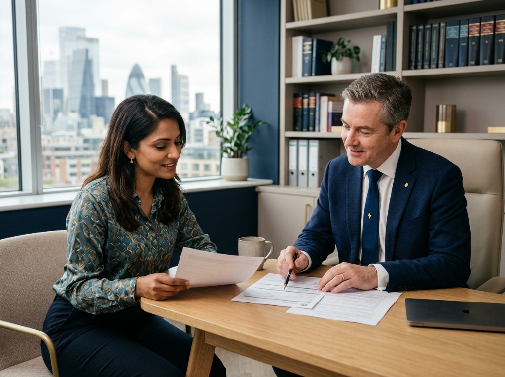 Immigration Aid consultation — advisers reviewing documents together in a modern office